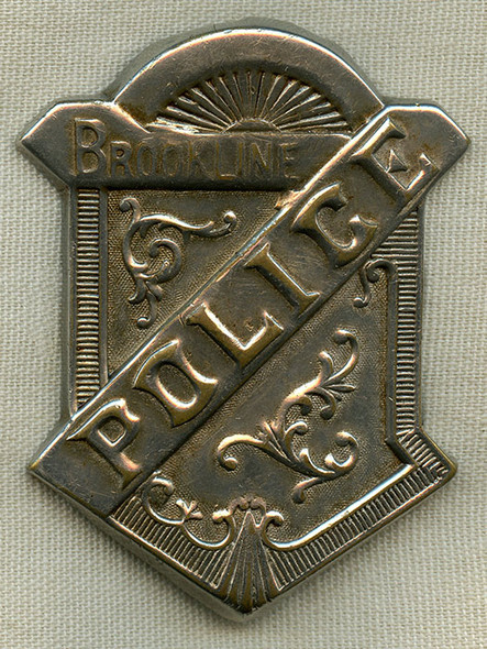 Great 1890's Brookline, MA Police Radiator Custom Die Badge. Nice Wear, Great "Been There" Look!