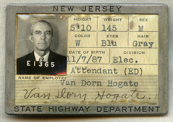 Great 1930's New Jersey State Highway Dept. Electric Division Attendant ID Badge