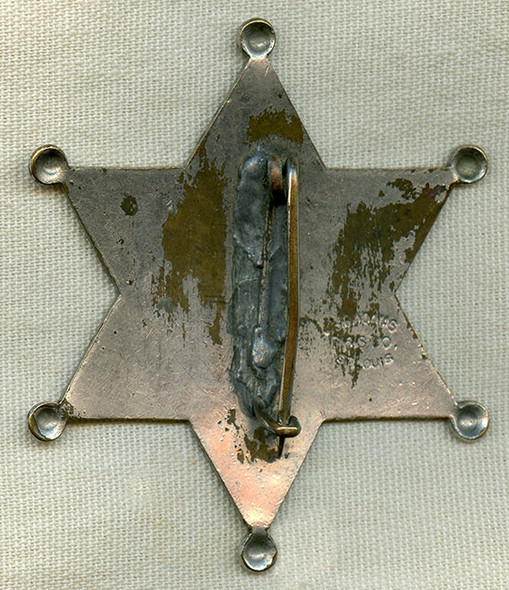 Wonderful 1870s-80s Old West Deputy Sheriff 6 Pt. Star Badge by Adams St. Louis