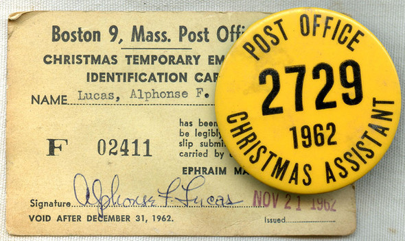 Scarce 1962 Boston, MA Post Office Christmas Asst. Badge with Matching Identification Card