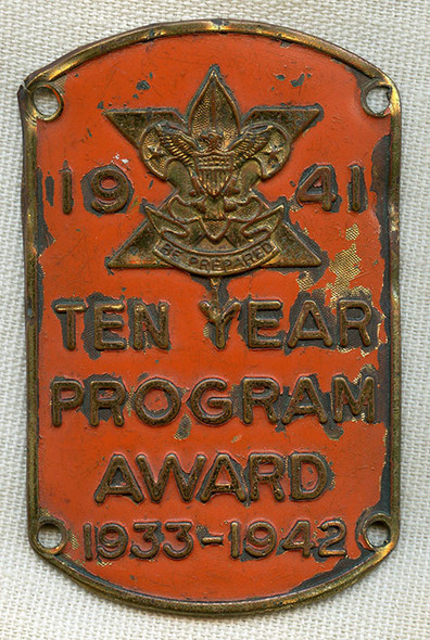 1942 Boy Scouts of America (BSA) 10 Year Award Program Troop Flag Pole Plaque<p>NOT AVAILABL
