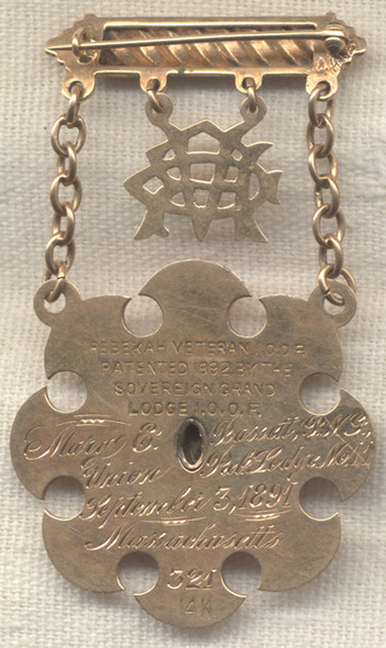 Early 1890s 14k Gold Rebekah 25 Years Veteran Medal of Independent Order of Oddfellows IOOF