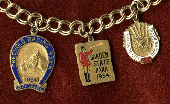 Vintage 1954 Horse Racing Charm Bracelet: New Jersey, Atlantic City, Freehold, Monmouth etc Badges