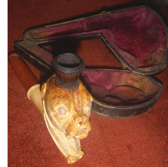Victorian Era Meerschaum Bulldog-Pug-Boston Terrier Pipe Glass Eyes, Amber Mouthpiece
