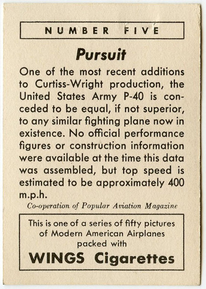 1940 Wings Cigarettes Card Series 1 #5 (Curtiss-Wright P-40) of  Set T87 in Near Mint Condition