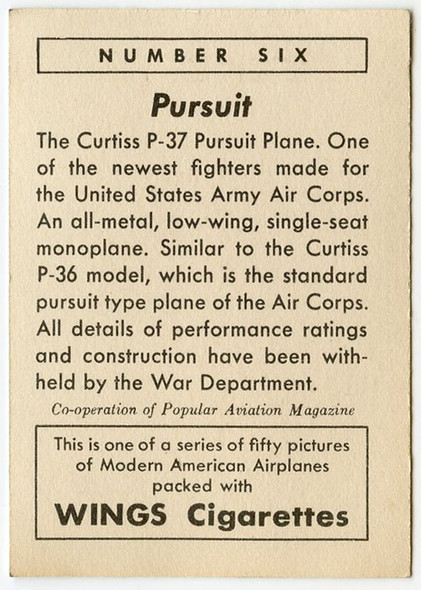 1940 Wings Cigarettes Card Series 1 #6 (Curtiss-Wright P-37) of  Set T87 in Near Mint Condition