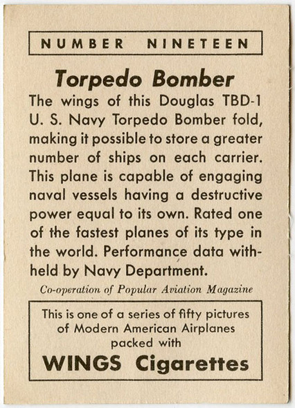 1940 Wings Cigarettes Card Series 1 #19 (Douglas TBD-1) of  Set T87 in Very Fine Condition