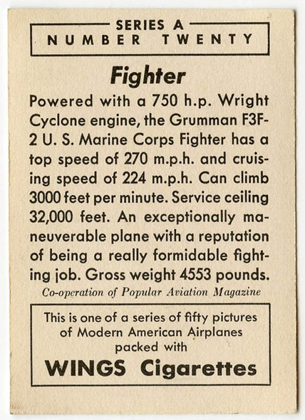 1940 Wings Cigarettes Card Series A #20 (Grumman F3F-2) of  Set T87 in Near Mint Condition