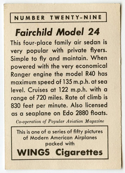 1940 Wings Cigarettes Card Series 1 #29 (Fairchild Model 24) of  Set T87 in Near Mint Condition