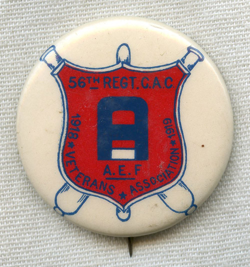 WWI US Army 56th Regiment Coastal Artillery Corps (CAC) Veterans Assoc. Celluloid Pin