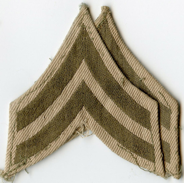 Pair of WWII US Army Corporal Stripes Embroidered on Khaki Twill