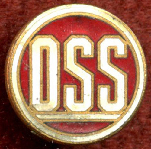 Grouping to WWII OSS Officer Thomas M. Davies: Lapel Pin, Dog Tag, Photos & Souvenirs