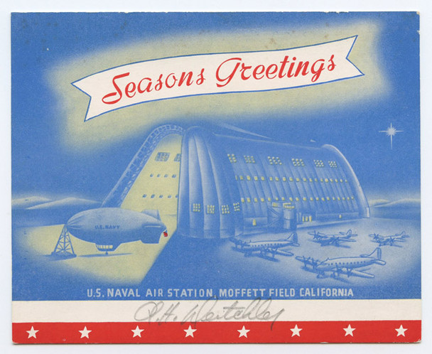 WWII US NAS Moffett Field Christmas Card with Blimp