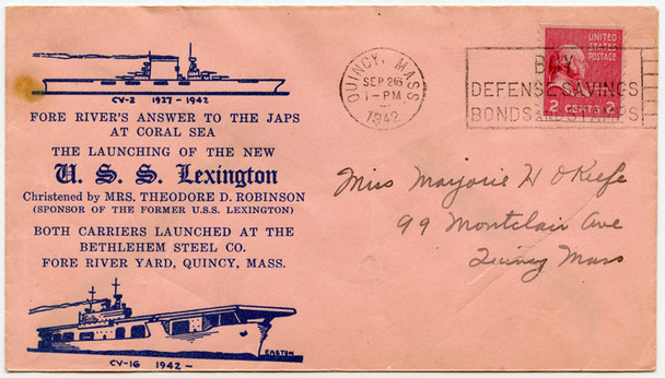WWII (1942) USS Lexington CV-16 Launching Postal Cover