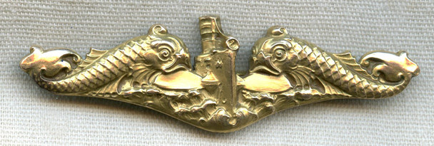 Beautiful 1930s Named USN Sub Dolphins in Rolled Gold by Scarce Maker B&B (Bates & Bacon) Co