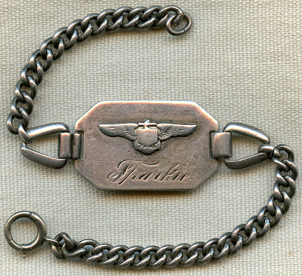 Great WWI USN Pilot ID Bracelet Engraved with Nickname "Sparkie" in Sterling