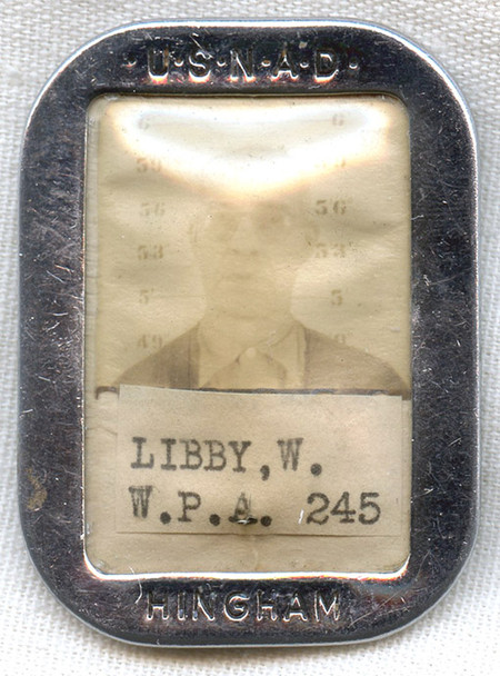 WWII US Navy Hingham, Massachusetts Ammunition Depot (USNAD) ID Badge for WPA Employee