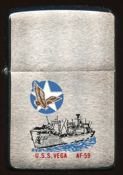 Unfired, Near Mint 1967 Factory Engraved Zippo Lighter for USN USS Vega AF-59, Service Squadron 7