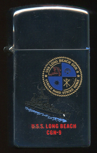 Unfired, Near Mint 1977 Slim Zippo Lighter for USN Ship USS Long Beach CGN-9