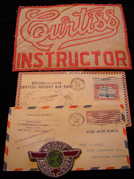 1930 Curtiss Aircraft Instructor's Patch, Wright Aircraft Patch and Two Postal Cards