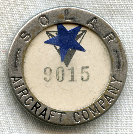 WWII Solar Aircraft Company Worker ID Badge by Whitehead & Hoag