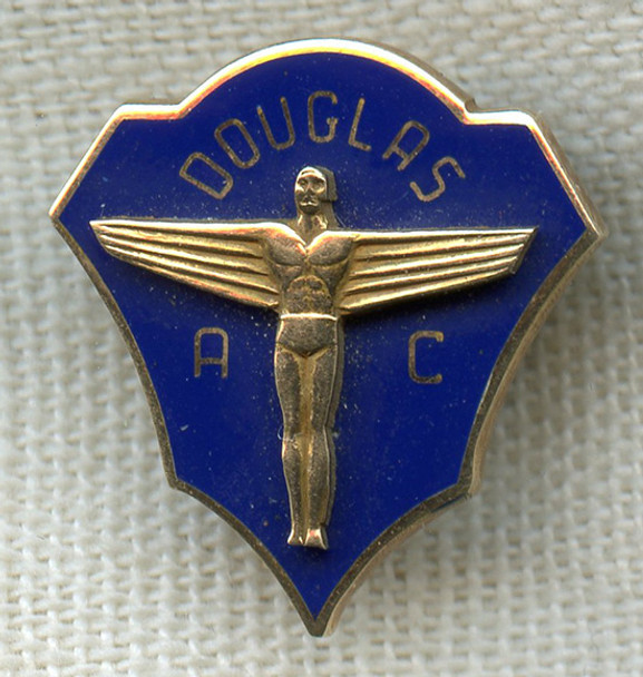 Gorgeous & Rare 1930's Douglas (Aircraft) Athletic Club Lapel Pin in Enameled 10K Gold