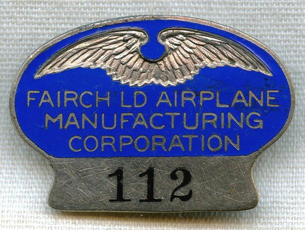 Rare 1920s Fairchild Airplane Manufacturing Corp. Employee Badge