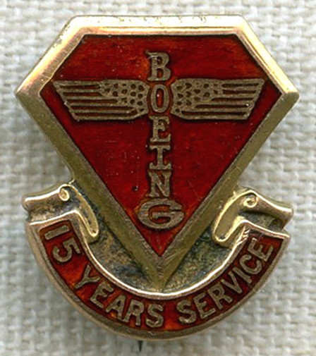 Rare 1930s-Early 1940s Boeing Aircraft Co. 15 Years of Service Pin in Enameled 10K