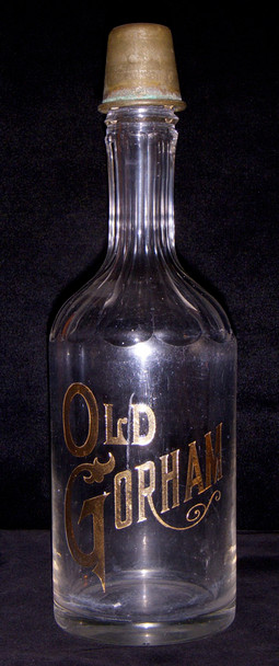 1880s-90s Old Gorham Whiskey Cut Glass & Gold Leaf Barback Bottle with Original Cap