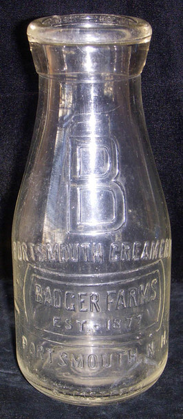 1927 Badger Farms Milk Bottle from Portsmouth, New Hampshire