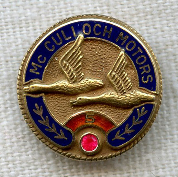 Late 1940s 10K Gold McCulloch Motors 5 Years of Service Pin