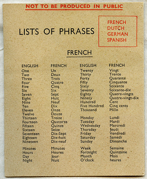 Early WWII USAAF Escape & Evasion Aid: "List of Phrases" French, Dutch, German, and Spanish