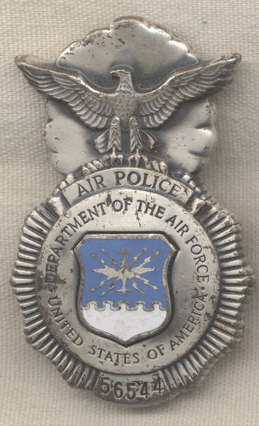 Rare Type 2 Late 1950s United States Air Police Badge with Enamel Center