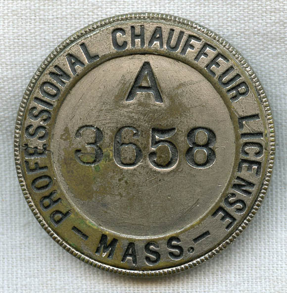 Very Early Circa 1904 Massachusetts Professional Chauffeur License Badge