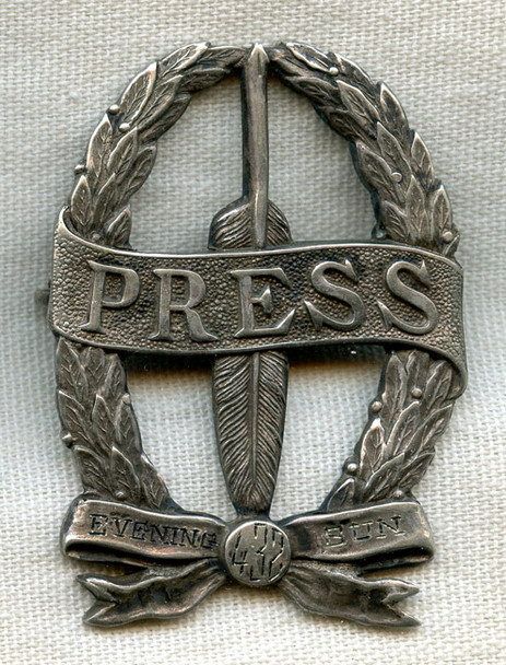 Great 1910s Press Reporter Badge #432 for New York City Evening Sun Newspaper