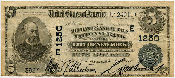 Series 1902 National Currency Five Dollar Note Mechanics & Metals National Bank