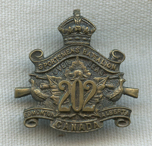 WWI 202nd (Sportsmens') Battalion, CEF Collar Badge Edmonton, Alberta in Excellent Condition