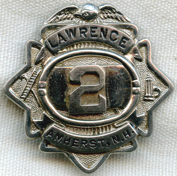 Small Circa 1900 Amherst, New Hampshire Fire Badge for the Hand-Tub "Lawrence"