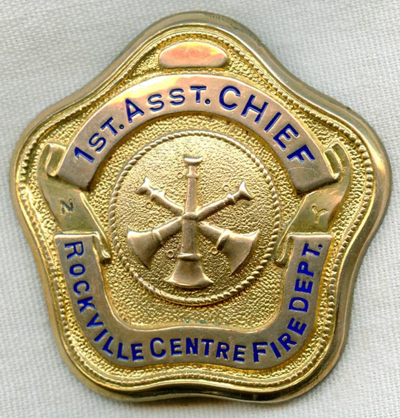 Beautiful 1920s-30s Rockville Centre, New York Fire Dept. Assistant Chief Badge