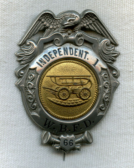 1870s-1880s Independent Fire Company 1 West B__ Fire Department Badge
