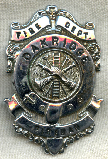 Large 1940s-1950s Fireman Badge from Oak Ridge, Texas
