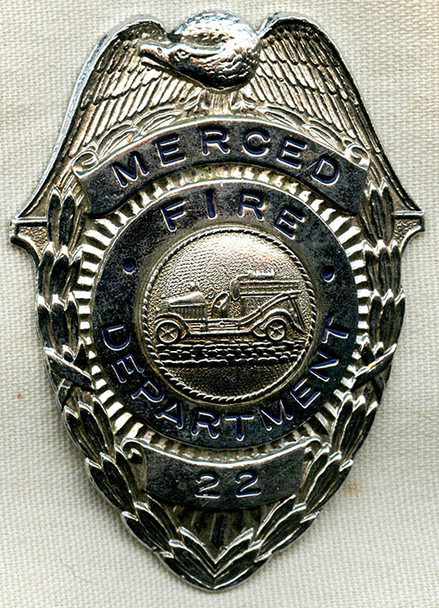 1940's -1950's Merced, California Fire Department Badge. Large, Excellent Condition!