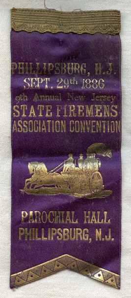 Wonderful 1886 Ribbon for 9th Annual New Jersey State Fireman's Assoc. Conv. Phillipsburg