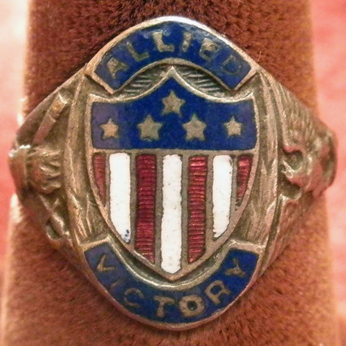 Unusual WWI "Allied Victory" Patriotic Ring in Enameled Silver-Plated Brass