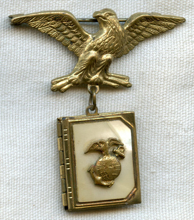 WWI-1920s USMC Sweetheart Locket or Brooch Made of Brass and Mother-of-Pearl