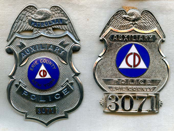 Beautiful 1950s Civil Defense Auxiliary Police Patrolman Breast & Hat Badge Erie Cty, NY