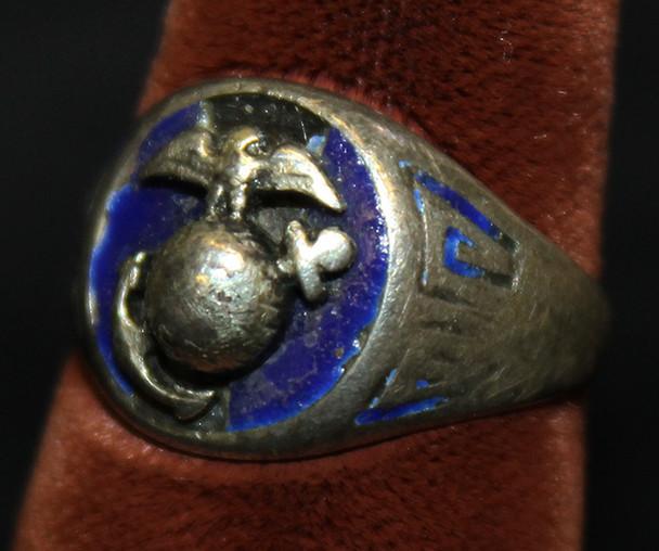 Great Salty WWI USMC Ring in Sterling Silver with Blue Enamel