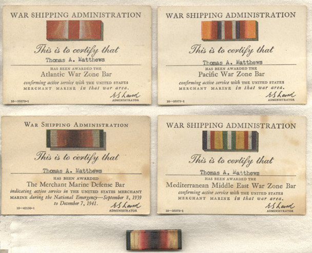 Set of 4 WWII United States Merchant Marine Award Cards With One Ribbon