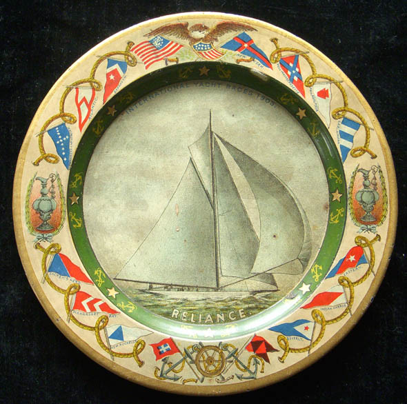 1903 International Yacht Races Lithographed Tin Tray of Sailing Yacht "Reliance" Savage Mfg