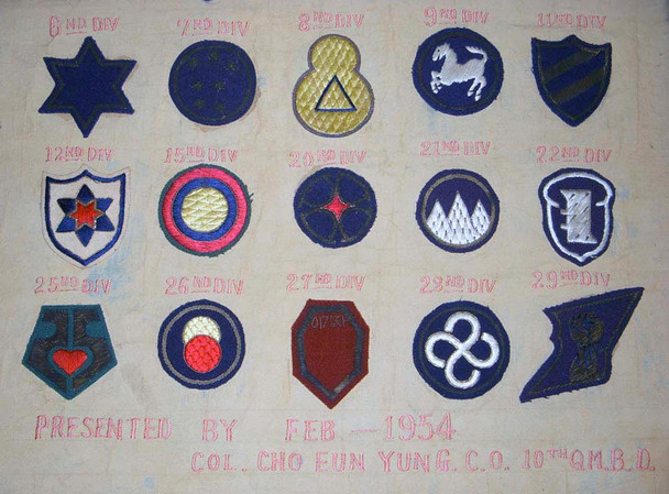 Great Korean War Era Presentation Tapestry with 24 Silk & Bullion Korean Army Unit Patches